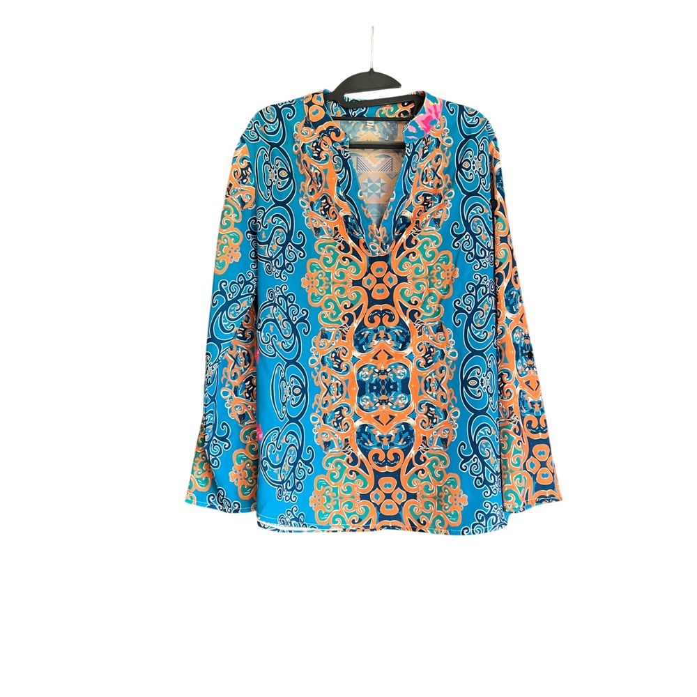 Blue Orange Medallion Print Roll Tab Sleeve Tunic Top Blouse Womens Medium